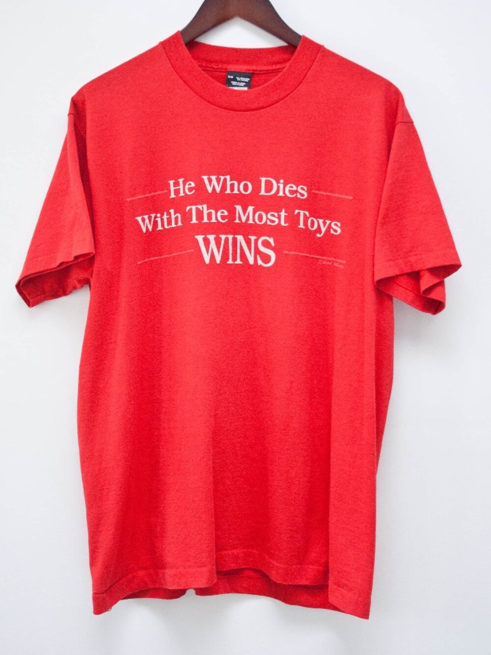 90s Novelty TShirt - XL He Who Dies With The Most Toys Wins- Vintage Graphic Tee